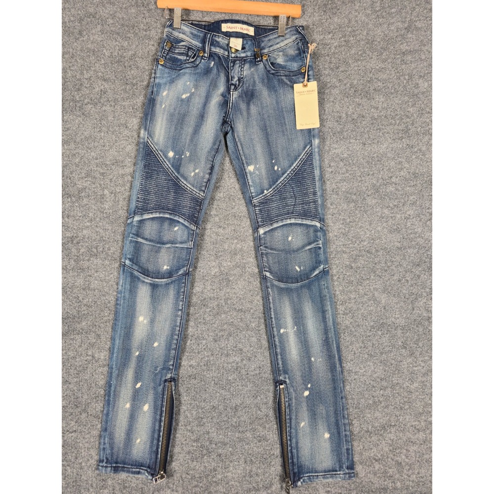 SAINT MARC Women Blue Wash Moto Jeans Zip Ankle Distressed Paint Splatter‎ Sz 26
